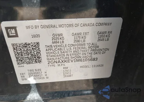 2021 Chevrolet Equinox Fwd Lt z USA, uszkodzony, nr VIN 2GNAXKEV1M6105683